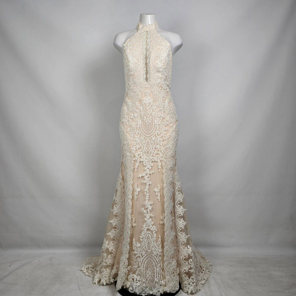 Lace Wedding Dress Nude Illusion Halter Mermaid Gown Size 10